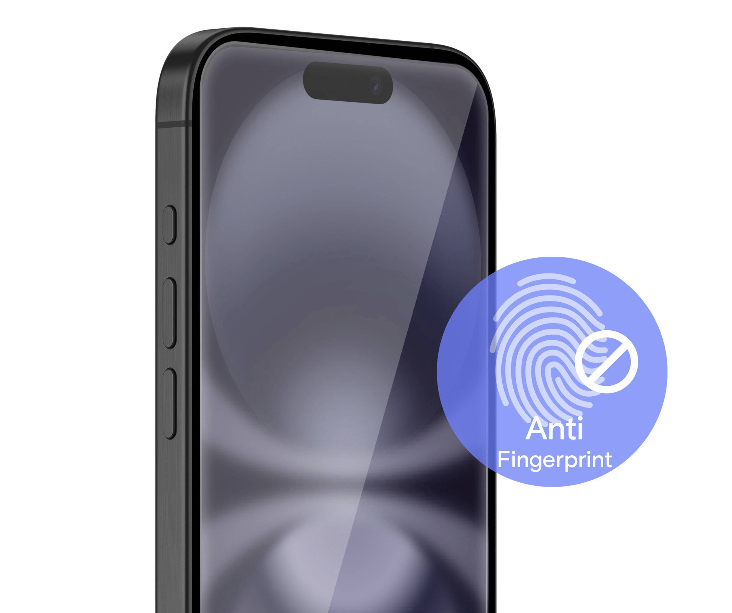 Smartphone in close-up with anti-fingerprint coating. A blue circle shows a crossed-out fingerprint symbol and the text 'Anti Fingerprint'.