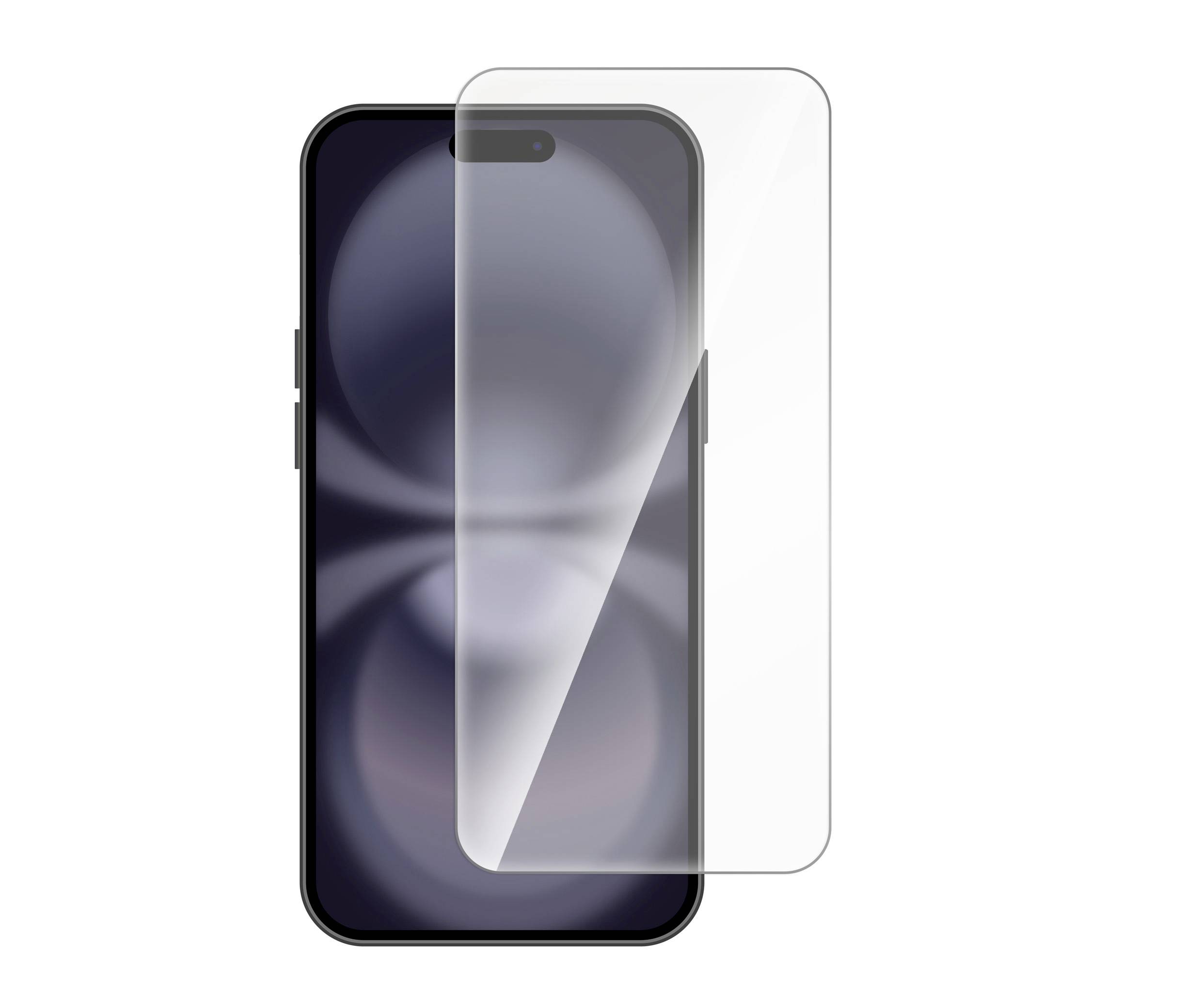 Smartphone with an anti-reflective display and rounded corners. A transparent screen protector is shown in the foreground.