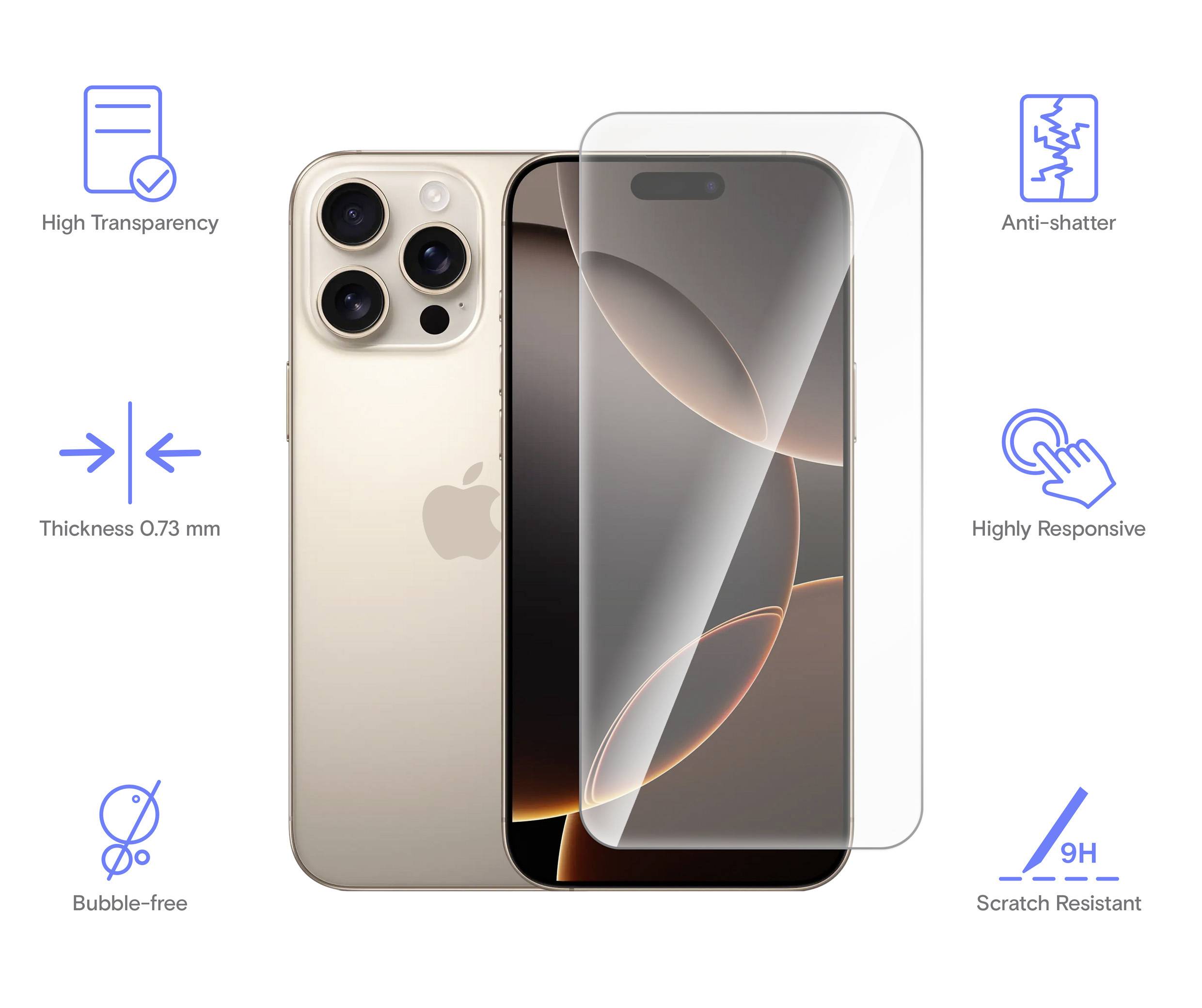 A smartphone screen protector; features: high transparency, shock-resistant, 0.73 mm thickness, highly responsive, scratch-resistant, bubble-free.