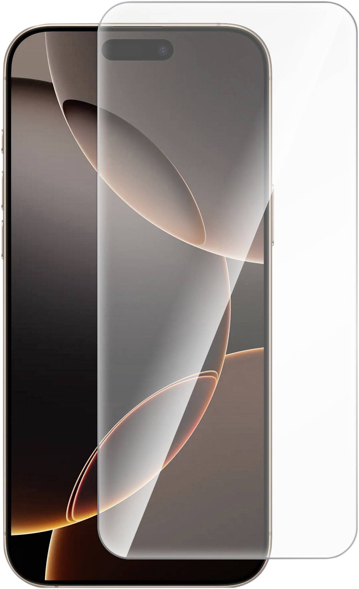 A mobile phone with a screen protector. The display shows an abstract, circular pattern in dark brown and black.