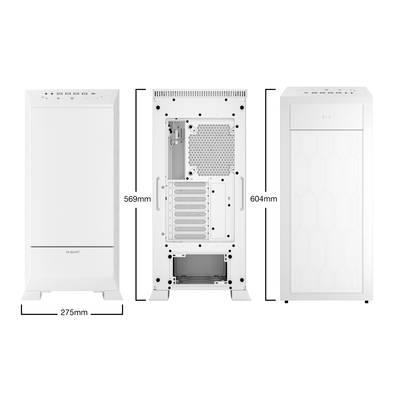 White computer cases, front, rear, and side view, dimensions 275mm x 569mm x 604mm; showing ventilation openings and rear connections.