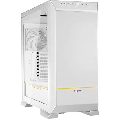 A white computer case with a tempered glass window displays internal fans and provides space for components.