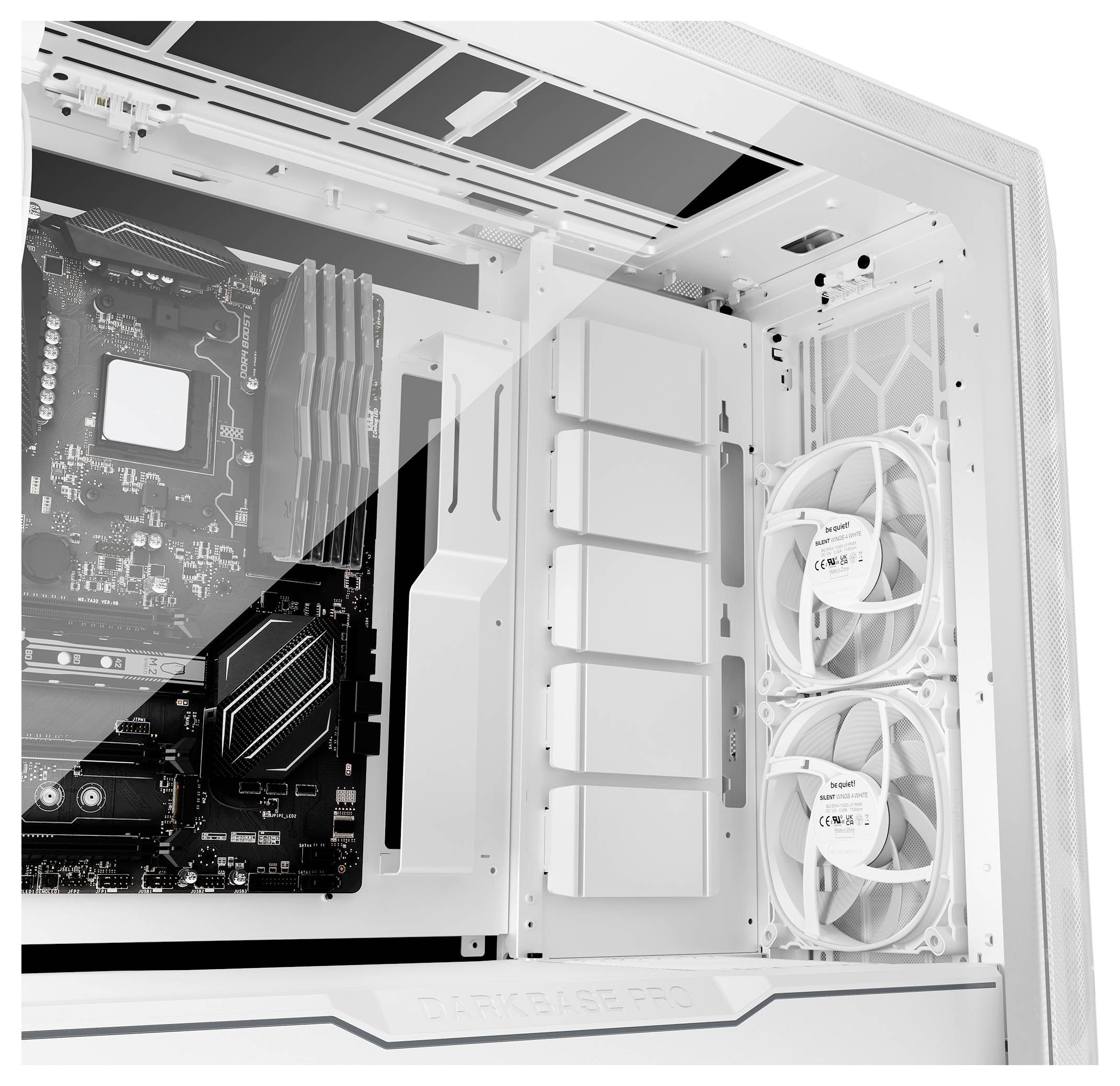 White computer case with separate components for installation, including cables, screws, and mounting brackets for custom configuration.
