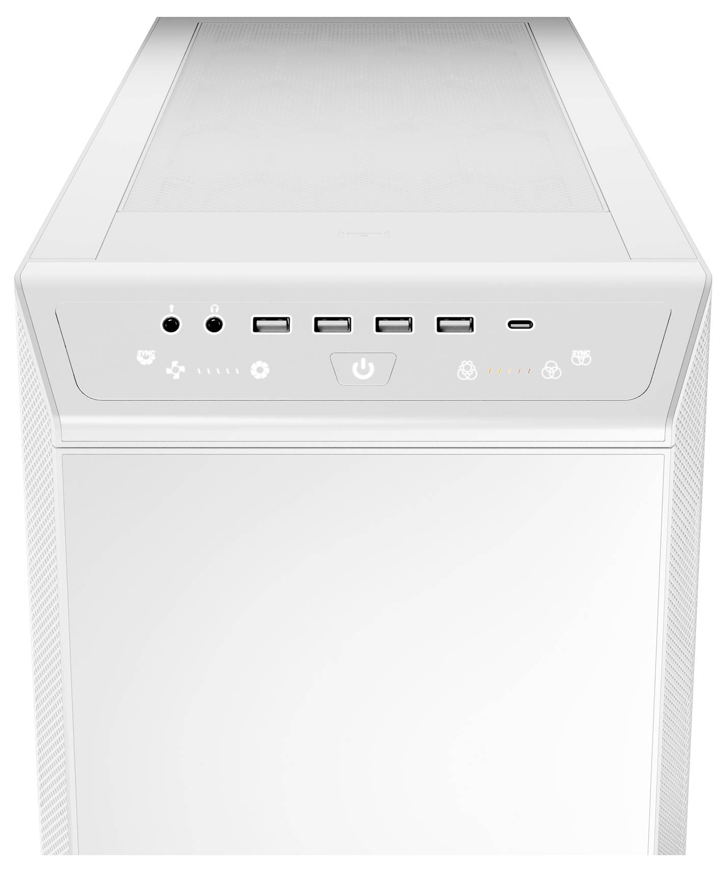 White computer case with front face; connections on top: audio and USB ports, round power and reset button in the centre.