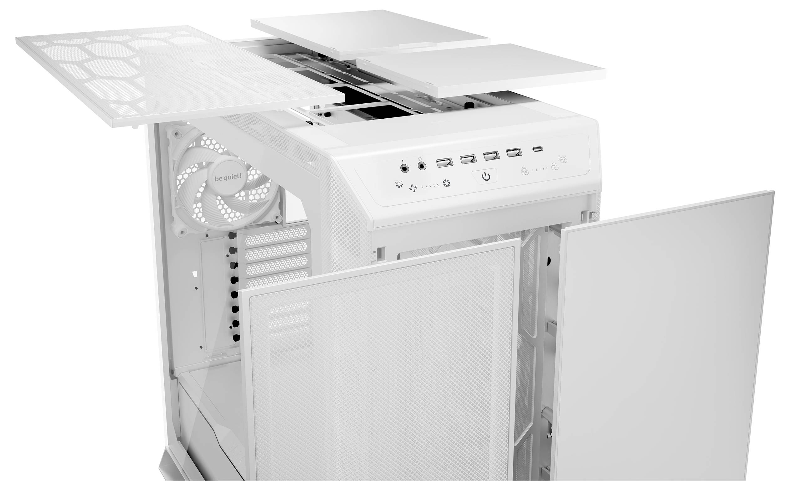A white computer case with removed side and top panels reveals fans, ports, and internal structures.
