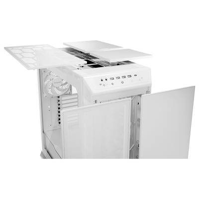 A white computer case with removed side and top panels reveals fans, ports, and internal structures.