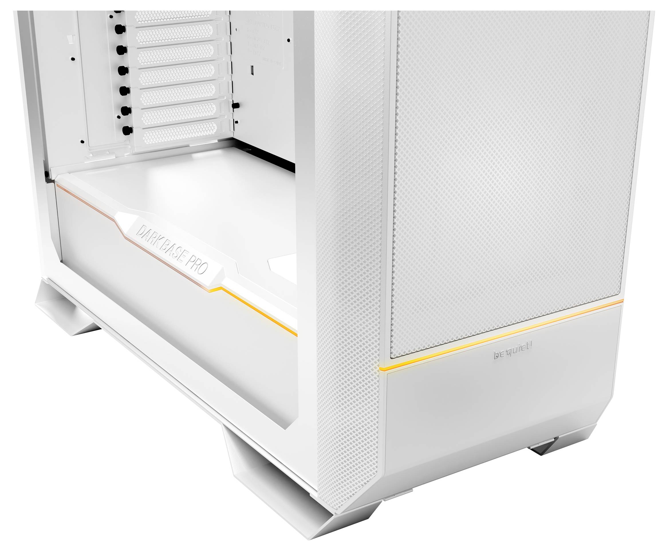 A white PC case with a spacious interior, LED lighting, and 'Dark Base Pro' labelling. Suitable for custom PC configurations.