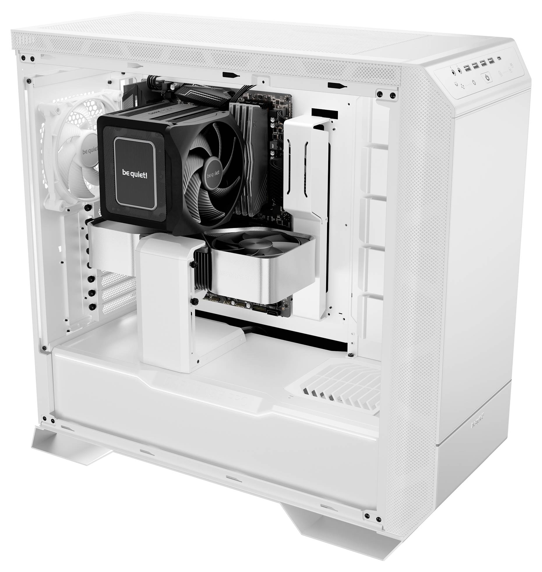 An open white computer case reveals internal components such as fans, heatsinks, and motherboard. The manufacturer name 'be quiet!' is visible.