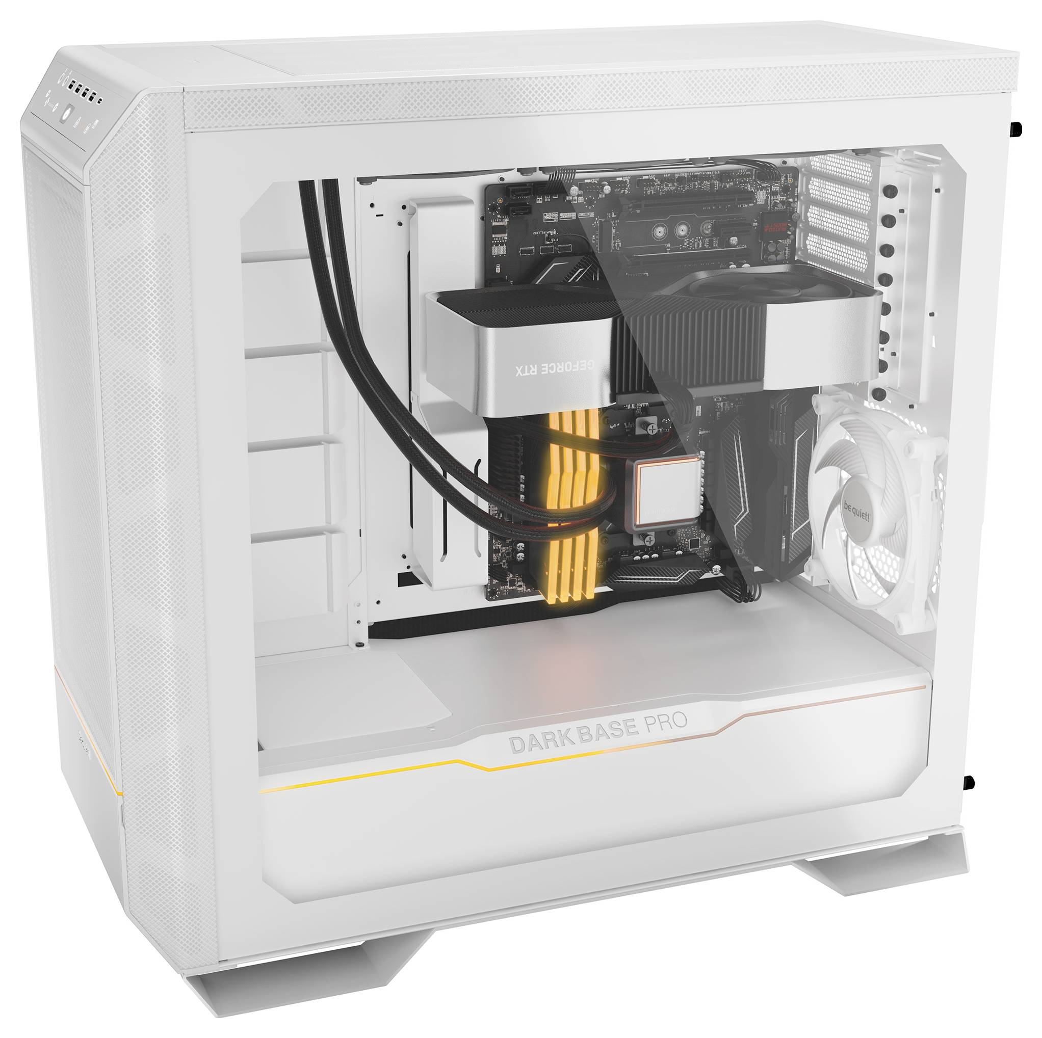 A white computer case with a side window reveals the interior of a desktop PC featuring water cooling and illuminated components.