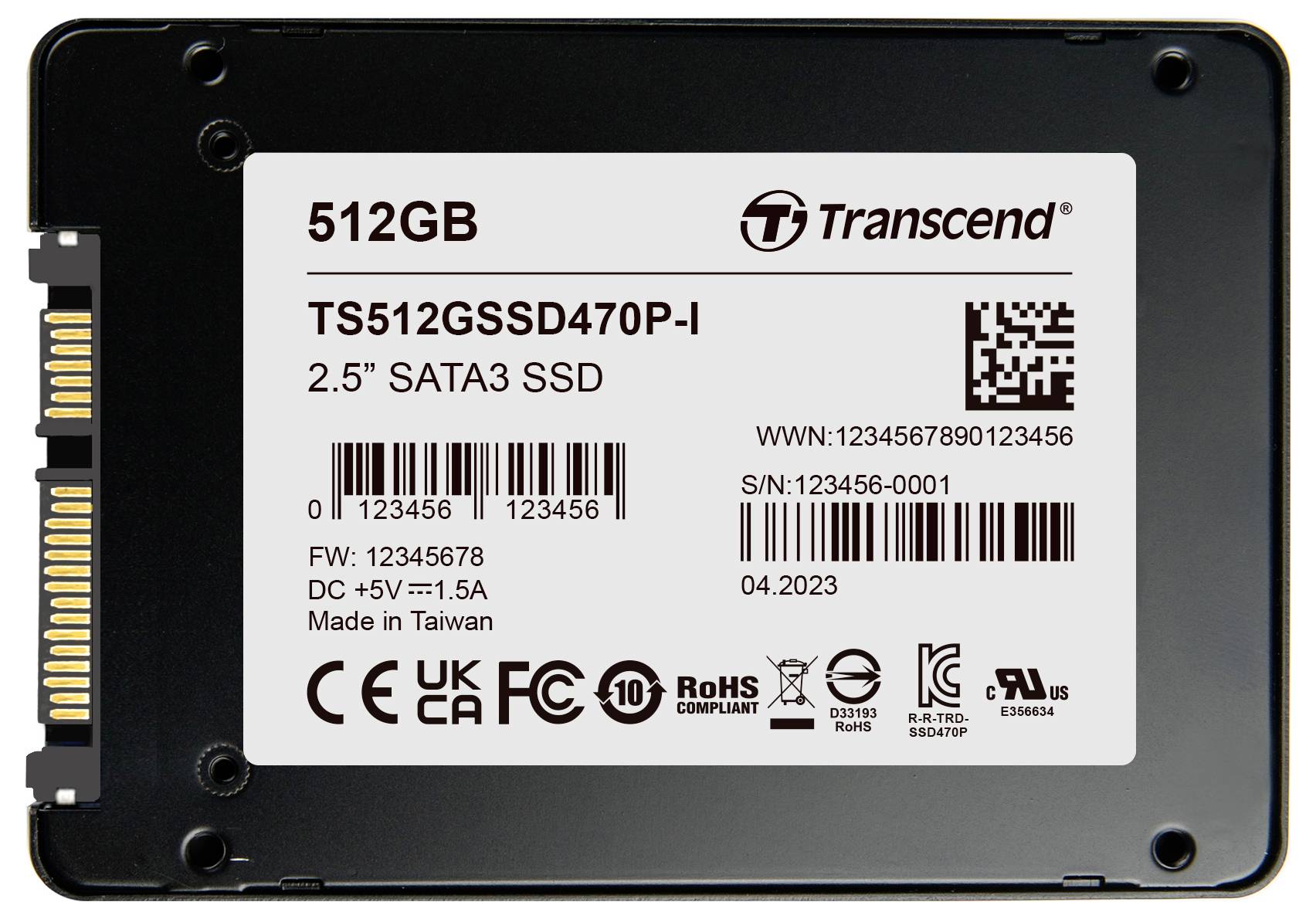 'Transcend 512GB 2.5" SATA3 SSD' with serial number and manufacturer details on the label. Device connections visible on the left. Made in Taiwan.
