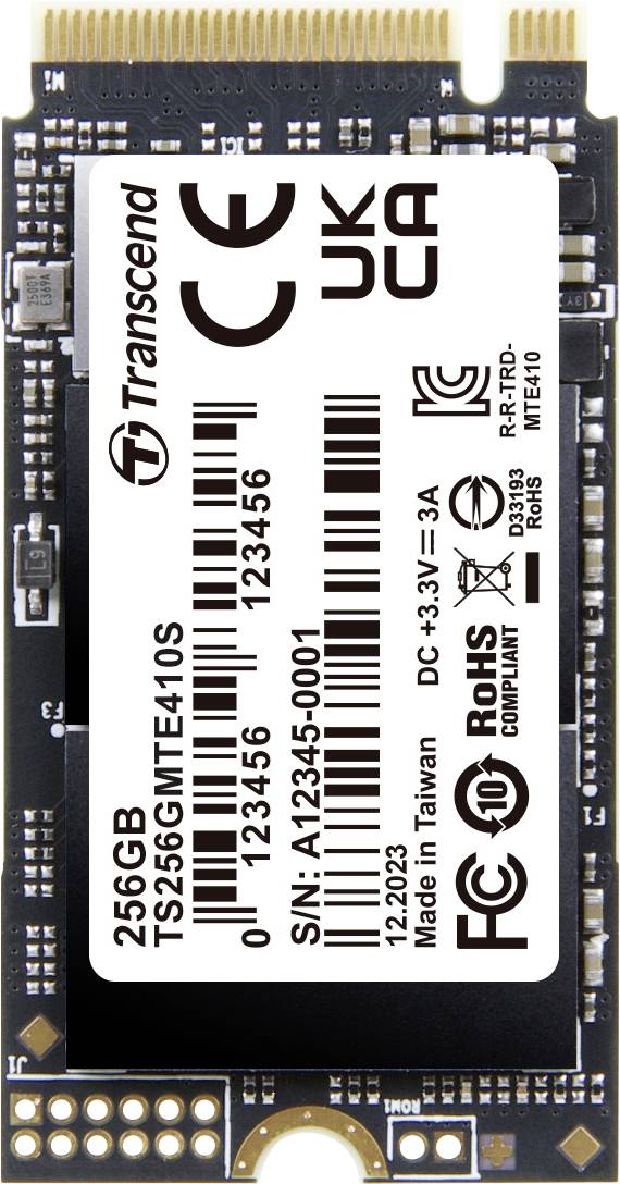 Transcend SSD, 256GB, Model TS256GMTE410S. Contains certifications such as CE, UKCA, FCC and RoHS. 'Made in Taiwan'.