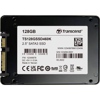 Image of a 2.5-inch SATA3 SSD with 128 GB from Transcend, model number TS128GSSD460K. Shows connections and technical information.