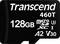 Black Transcend microSDXC memory card with 128GB capacity, A2 and V30 speed classes, suitable for fast data transfer.