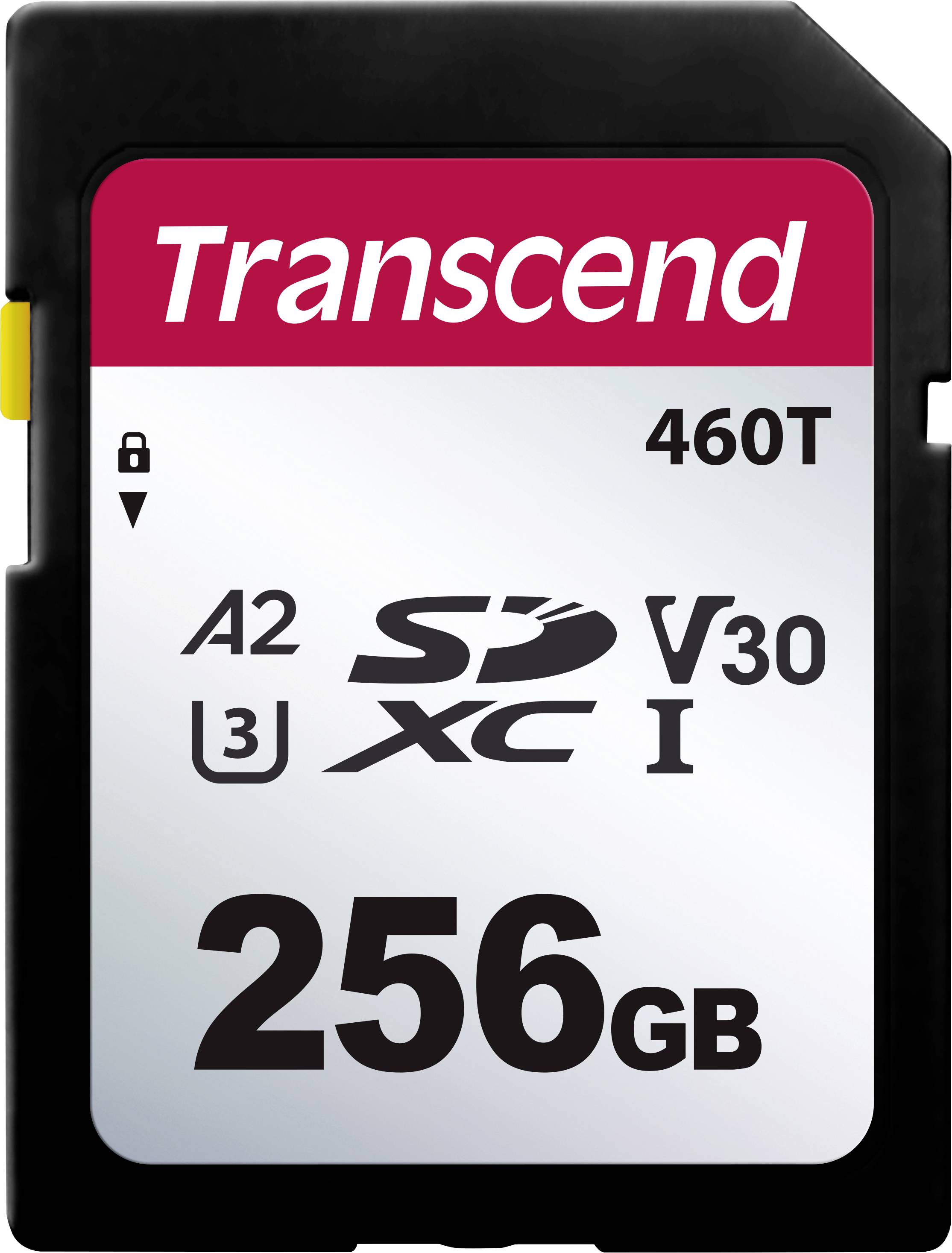 Transcend memory card with 256 GB capacity, Class A2, V30, U3, SDXC.