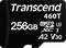 A black Transcend microSD card with the inscription '256GB', '460T', 'microSD XC I UHS-I U3', 'A2', 'V30' in white text.