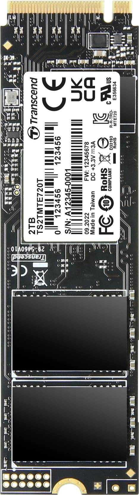 A Transcend NVMe SSD hard drive with 1 TB of storage. The labels indicate technical specifications and certifications.