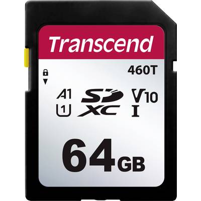 A memory card with the label 'Transcend 64GB', featuring A1, U1, SDXC, V10, and I symbols, suitable for rapid data transfer.