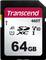 A memory card with the label 'Transcend 64GB', featuring A1, U1, SDXC, V10, and I symbols, suitable for rapid data transfer.