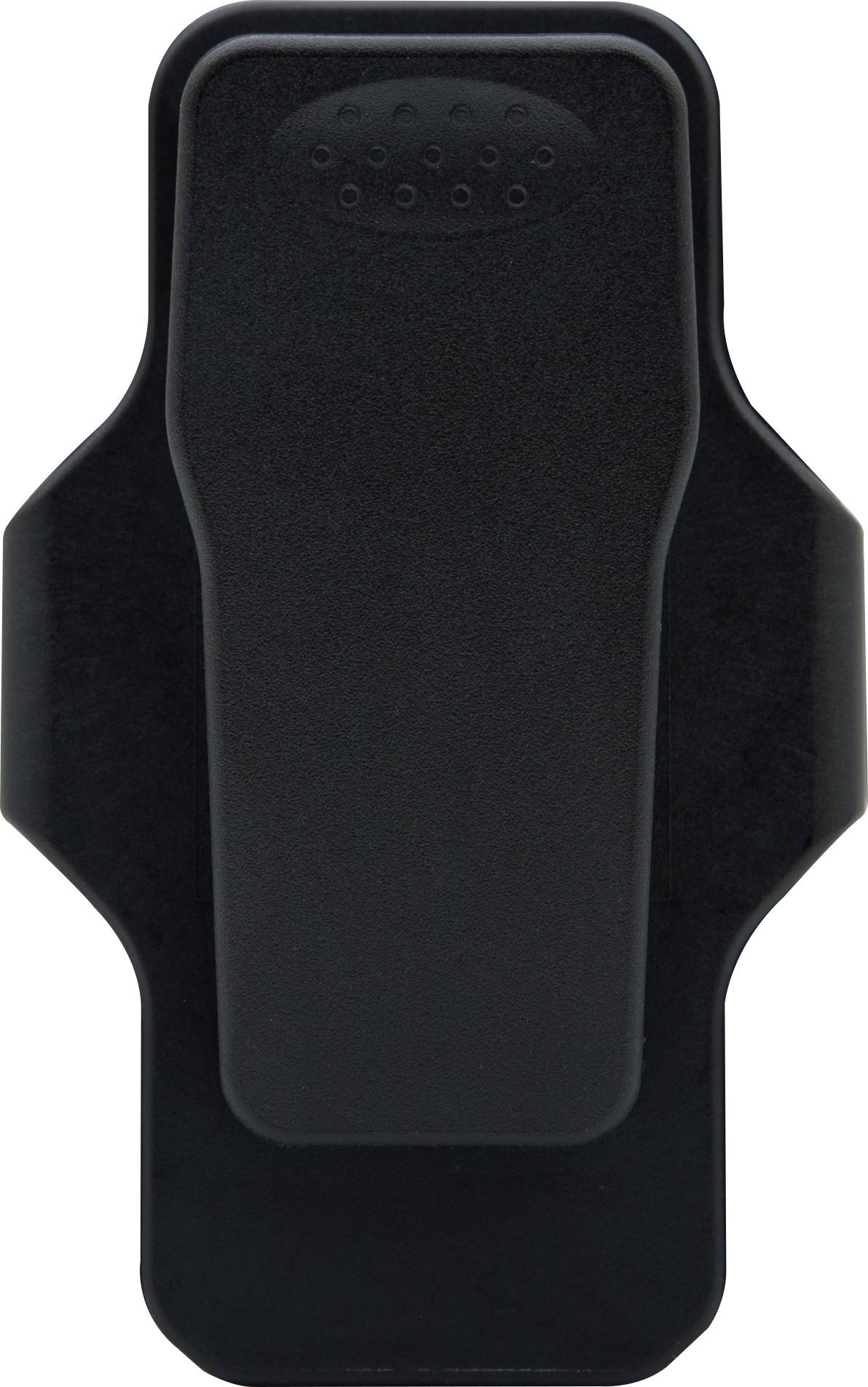 Black belt clip for secure attachment to clothing or equipment. Suitable for portable devices.