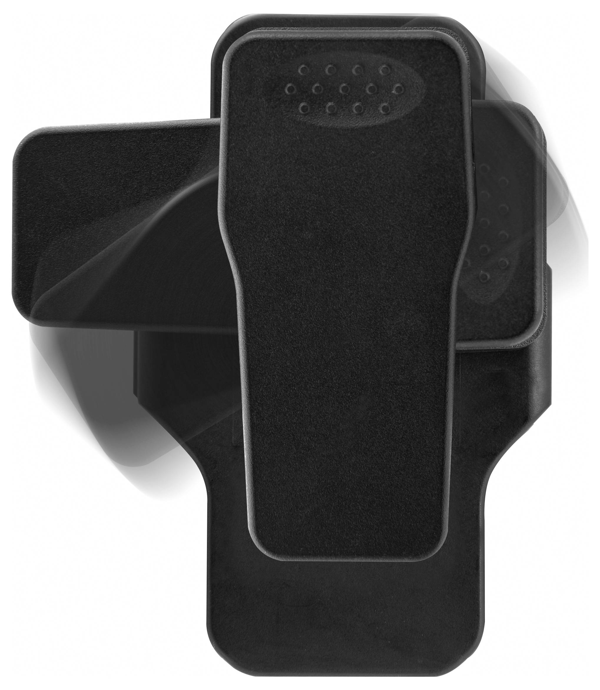 Black, rectangular plastic clip arranged dynamically against a white background; demonstrates movement and rotation.