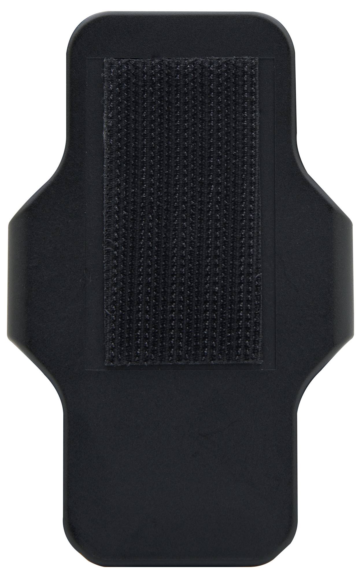 Black plastic mounting bracket with hook and loop fastener surface, suitable for attaching to a surface.