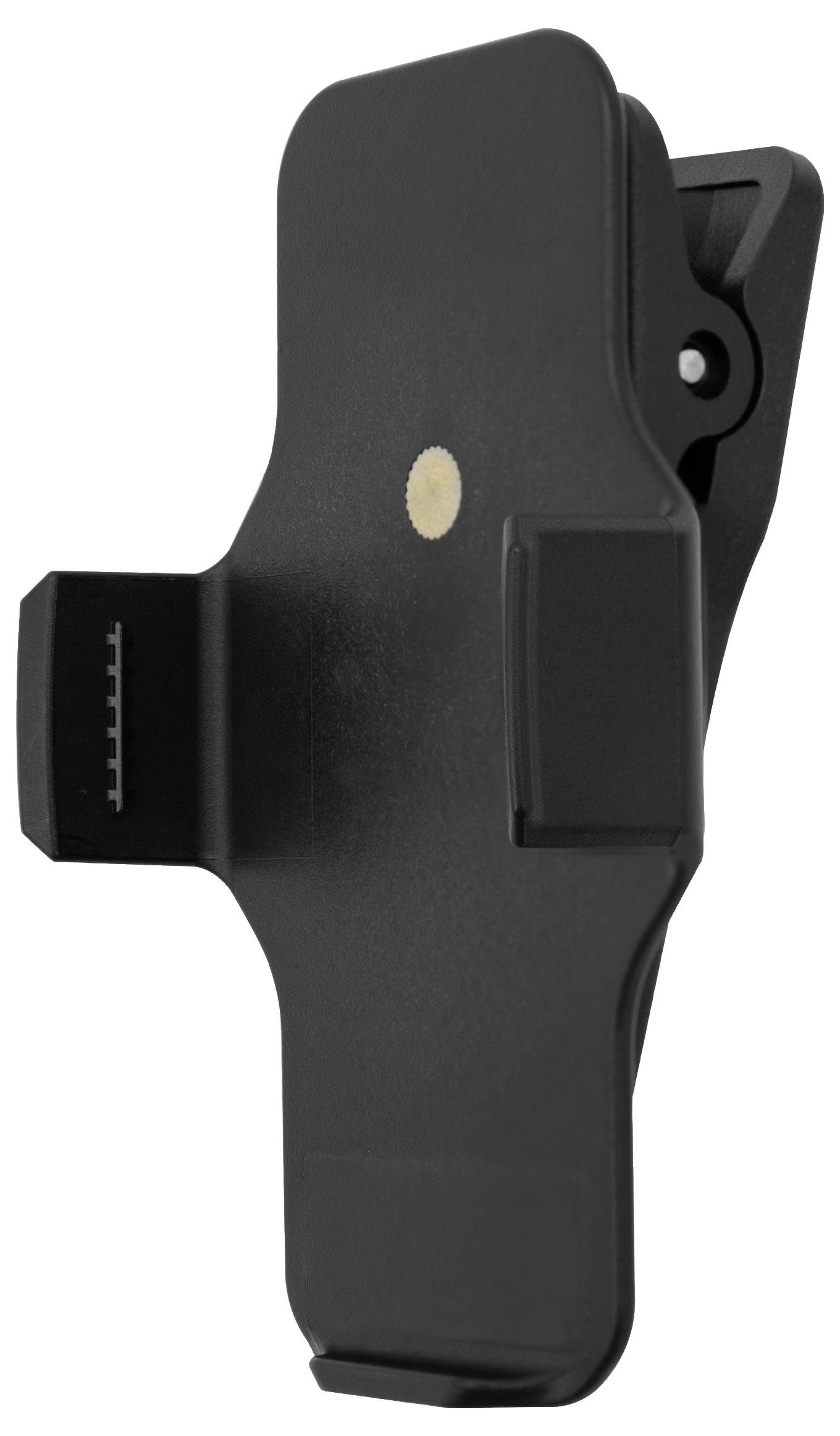 Black plastic holder with a clip, possibly for a mobile device, with a small gold-coloured dot in the centre.