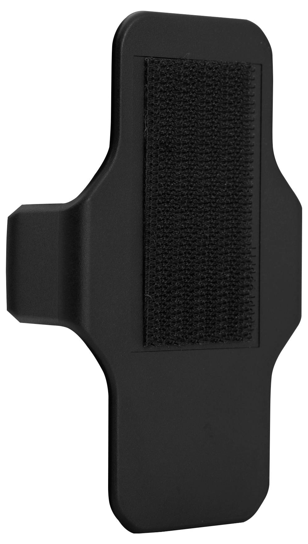 A black, rectangular device with a hook-and-loop fastener surface in the middle, likely for attaching or holding objects.