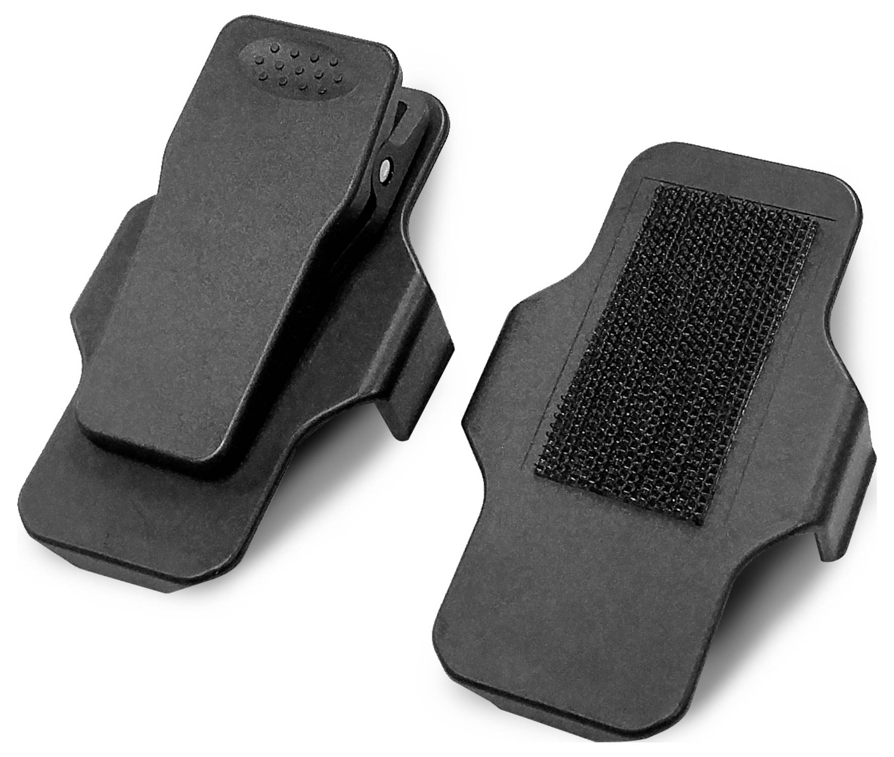Two black belt clips, one with a smooth surface, the other with a hook and loop fastener. They are used for attaching to belts or bags.