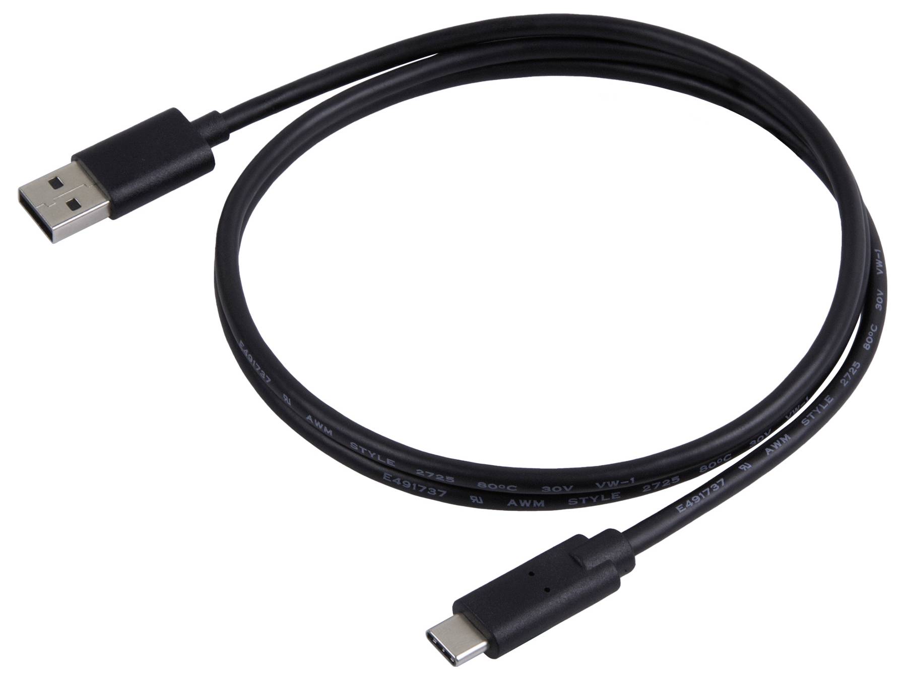 USB cable with a USB-A and a USB-C connector, suitable for charging and data transfer between devices.
