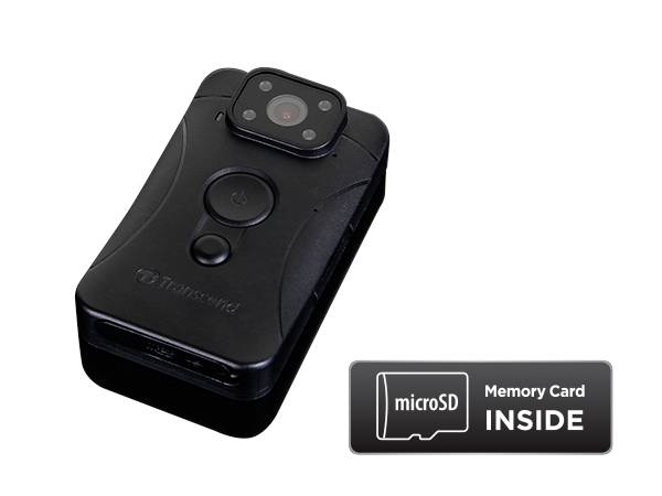 A black body camera lies next to a symbol indicating 'microSD Memory Card INSIDE'. Contains microSD memory card.