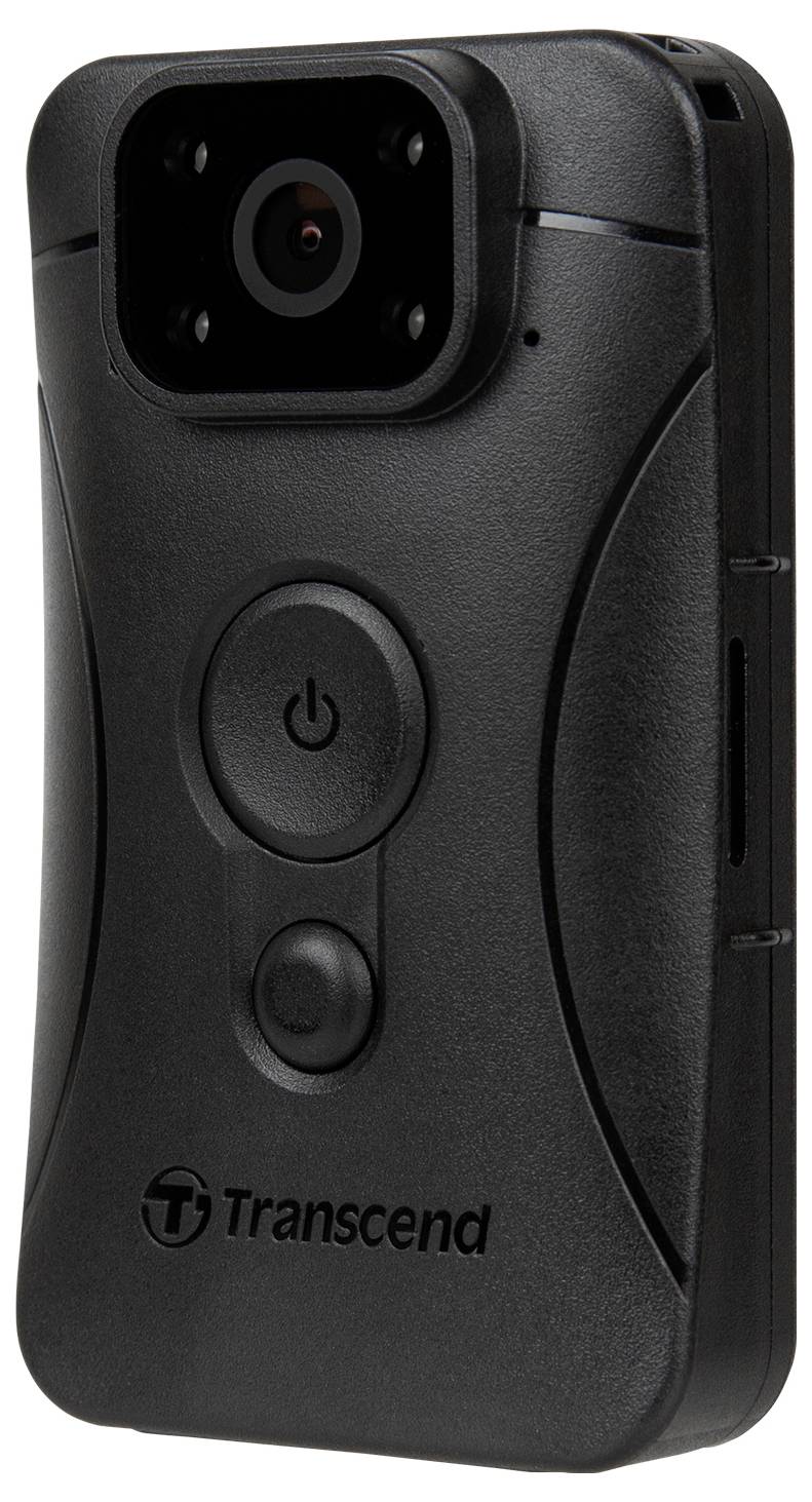 A small, black body camera with two buttons on the front and the Transcend logo at the bottom edge.