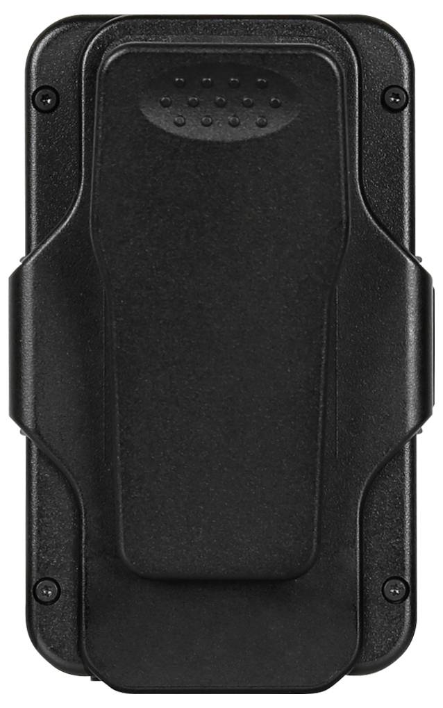 Black plastic casing with rounded corners and a central raised area, potentially an electronic device or enclosure.