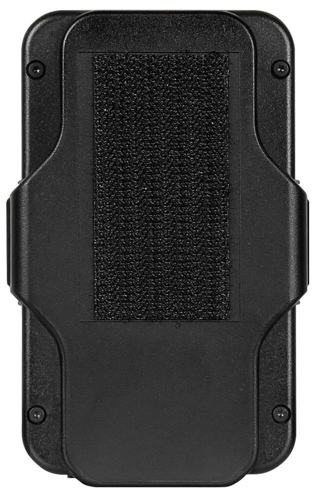 Rear view of a black rectangular device with rounded corners and a large textured surface in the centre.