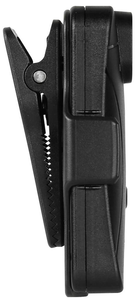 A black, closed belt clip with a side profile, showing a ribbed structure for attachment.