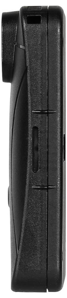 A black, rectangular electronic device with fabric strips in the middle. The background is plain and neutral.