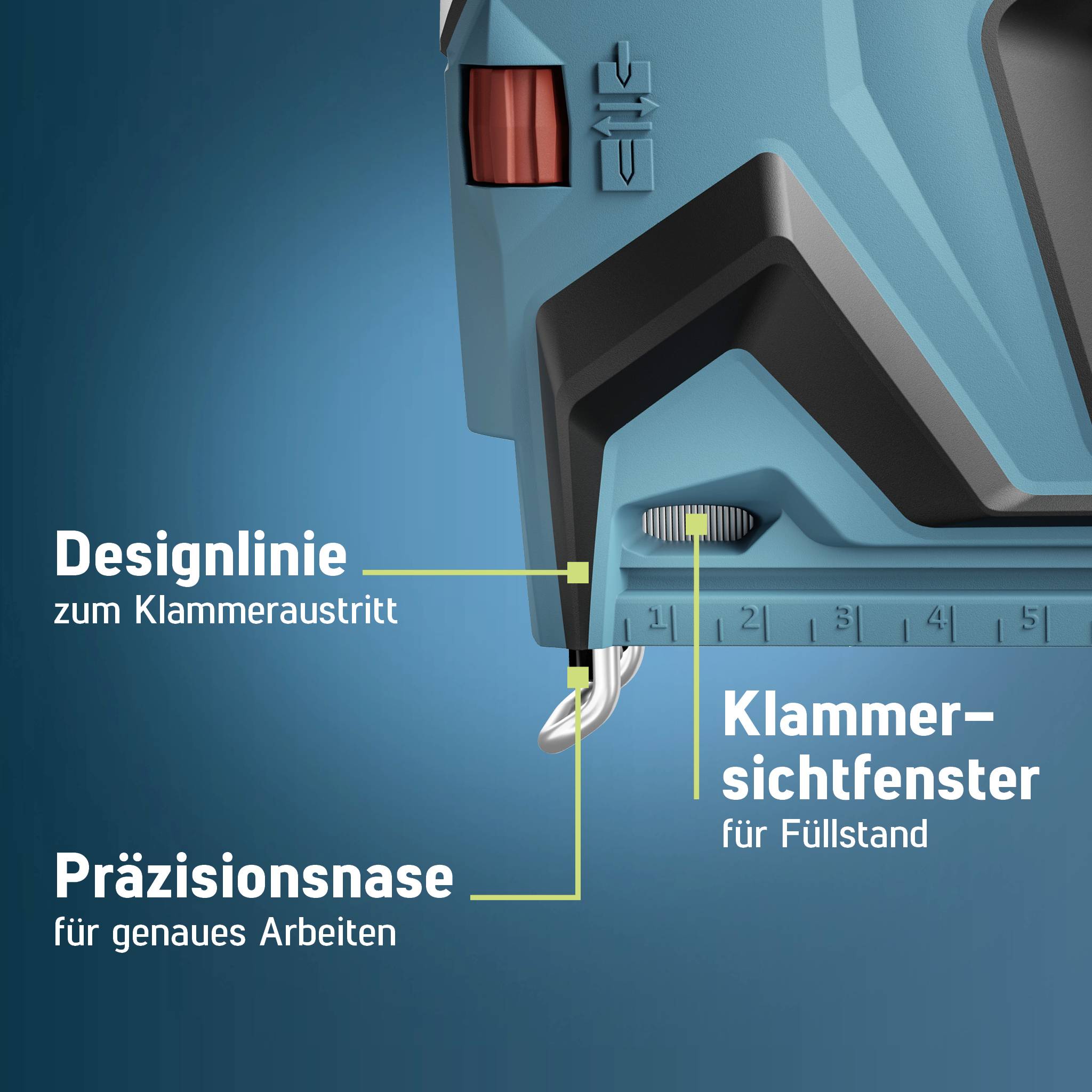 A tool with a 'design line' and 'clip-view window' for precision work. Contains markings for level indication.