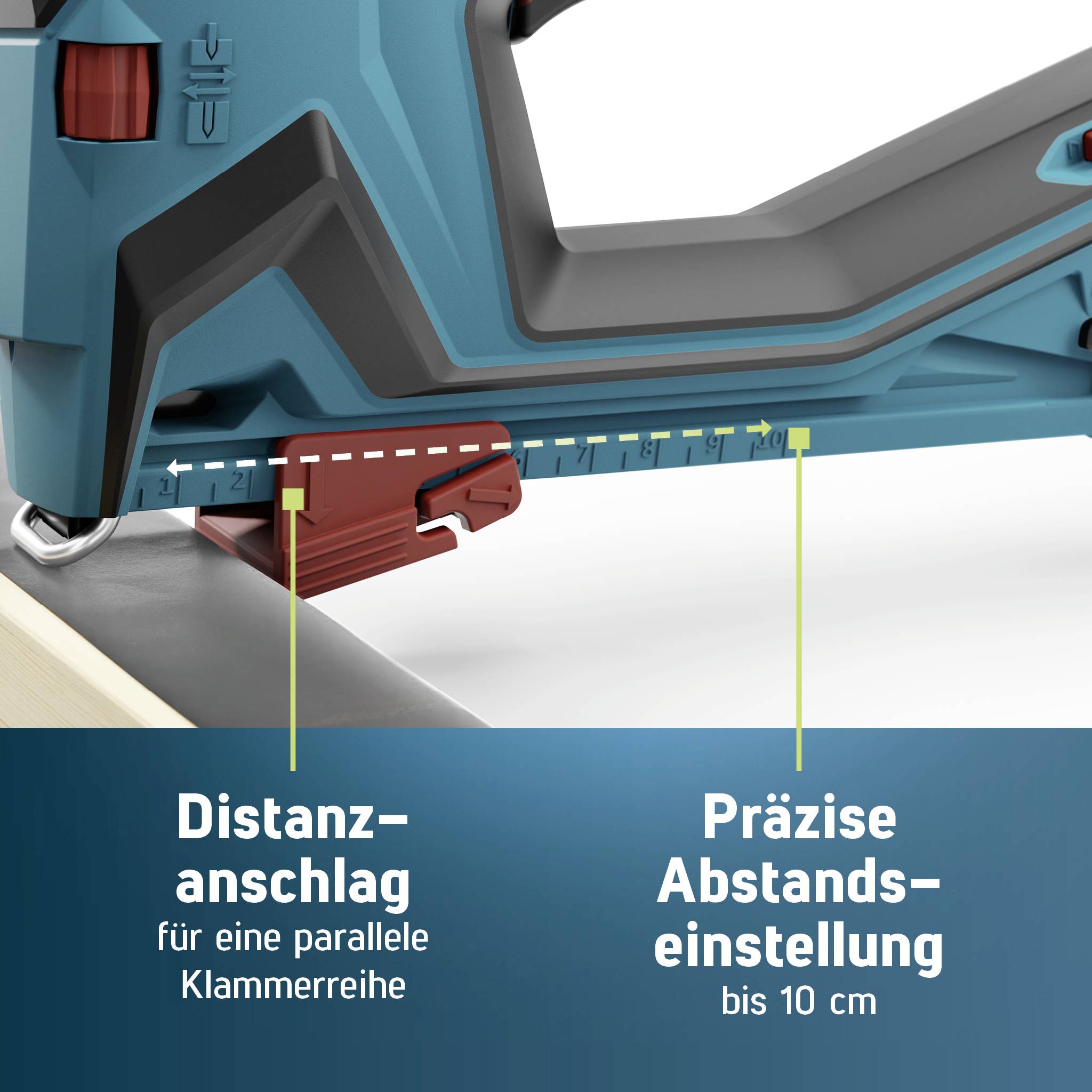 Blue tacker on wooden board, showing distance adjustment up to 10 cm. Text in image: 'Distance Stops' and 'Precise Setting Adjustment'.