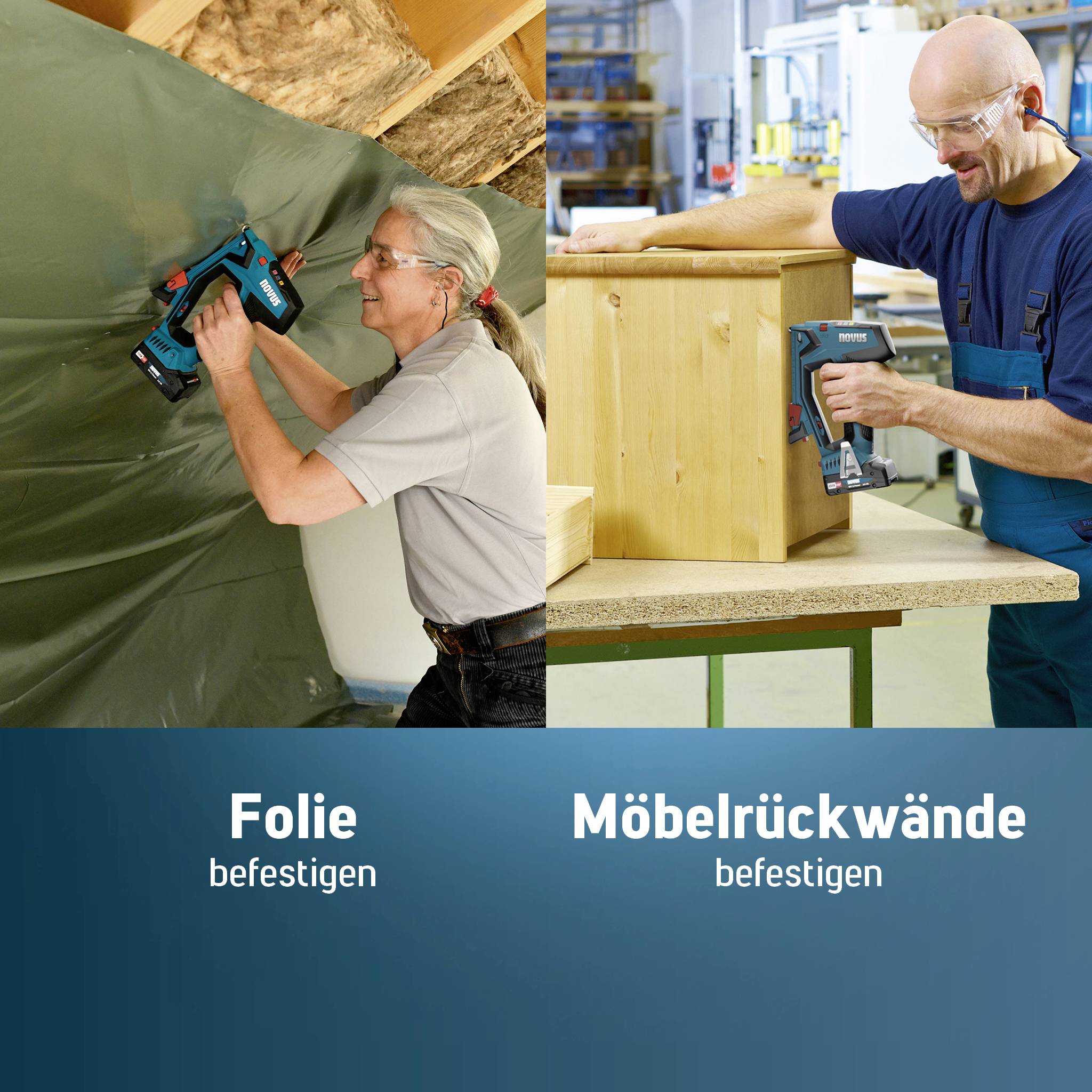 Links: One person secures a sheet with a staple gun. Right: One person staples furniture backing.