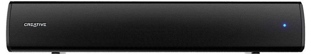 A black soundbar with the inscription 'Creative' and a glowing blue dot on the front.