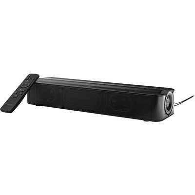Black soundbar with matching remote control, both featuring a minimalist design. Cable connection visible on the right side.