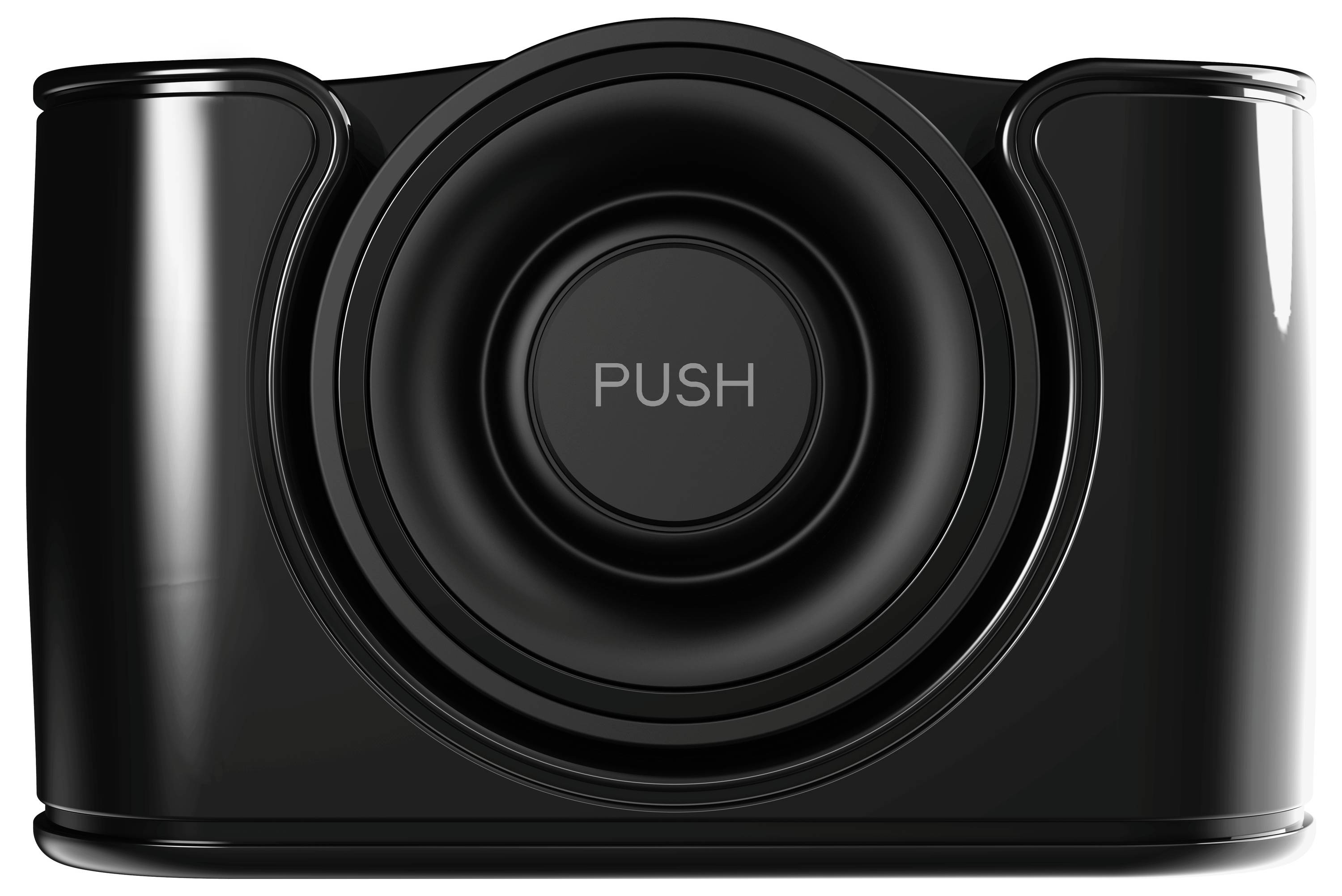 Black robotic vacuum cleaner with a 'Push' button in the centre, featuring a glossy finish.