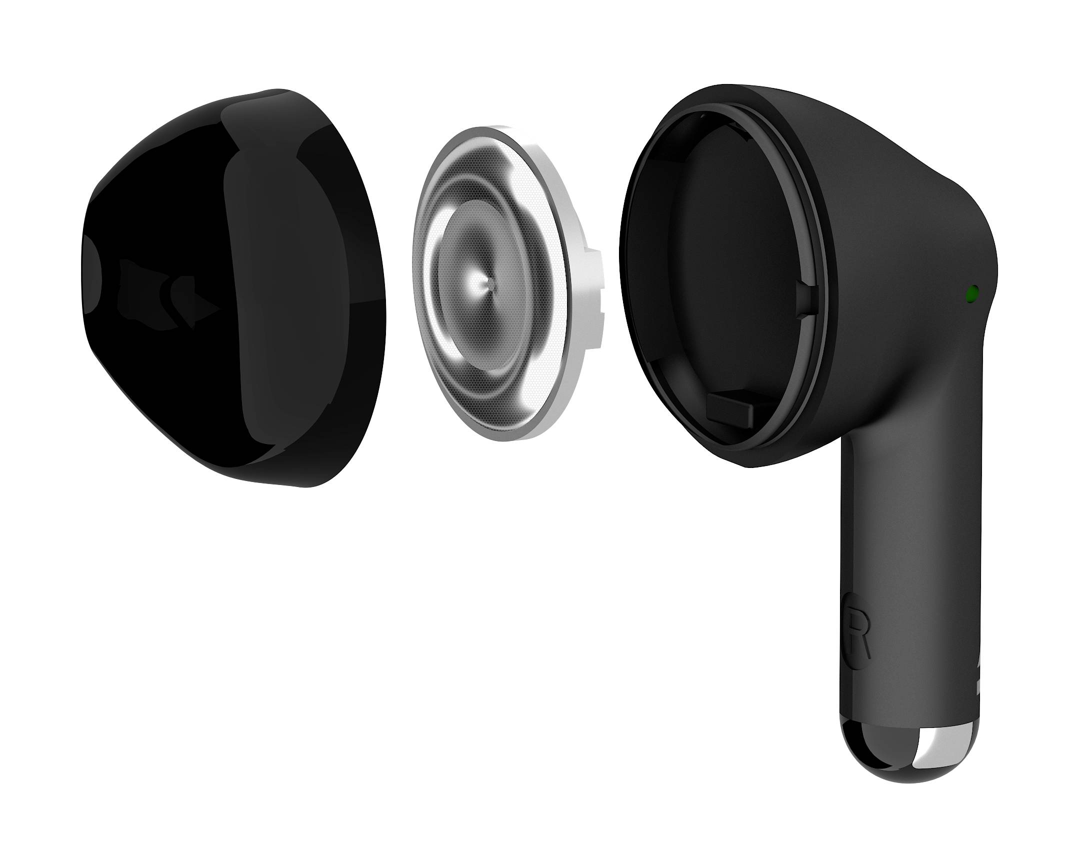 Exploded diagram of a black wireless earphone. Shows housing, driver, and cover.