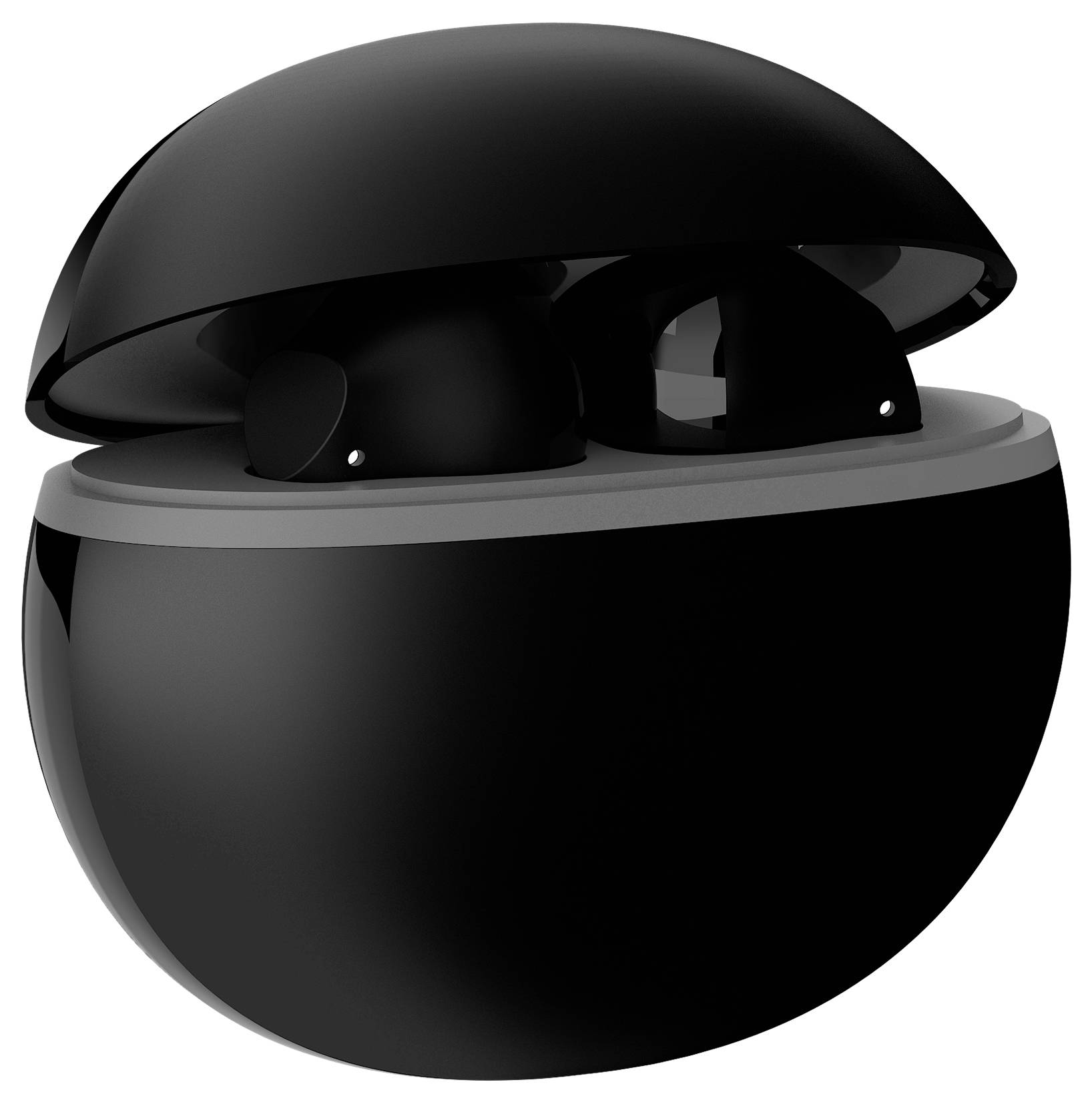 Black wireless earbuds in an open, round charging case.