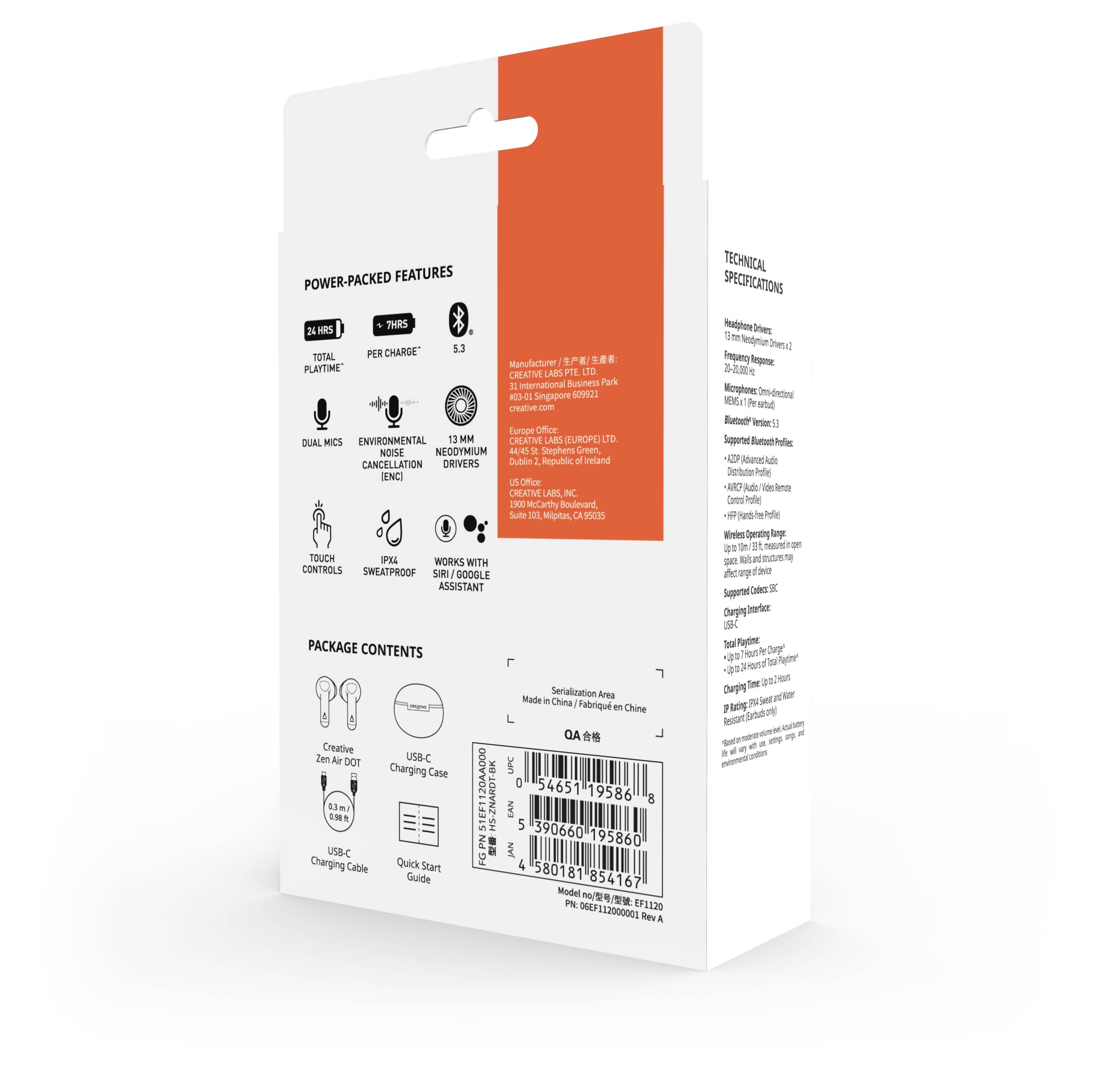 The back of a packaging shows product features: IPX4 waterproof, dual microphone, 35-hour playback time, intuitive controls. Included: USB-C charging cable.