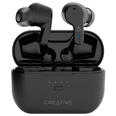 Black wireless earbuds in an open charging case, Creative brand, with an illuminated LED light on the left earbud.