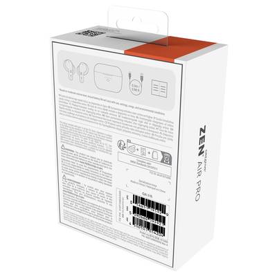 Back of a packaging for wireless earbuds 'ZEN Air Pro' with specifications, barcode, and manufacturer information.