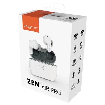 Packaging for the 'ZEN AIR PRO' headphones displays the product with a wireless charging case, highlighting key features: noise cancellation, long battery life.