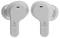 A pair of wireless, white earbuds with a minimalist design. They feature a subtle logo and microphone openings on each earbud.