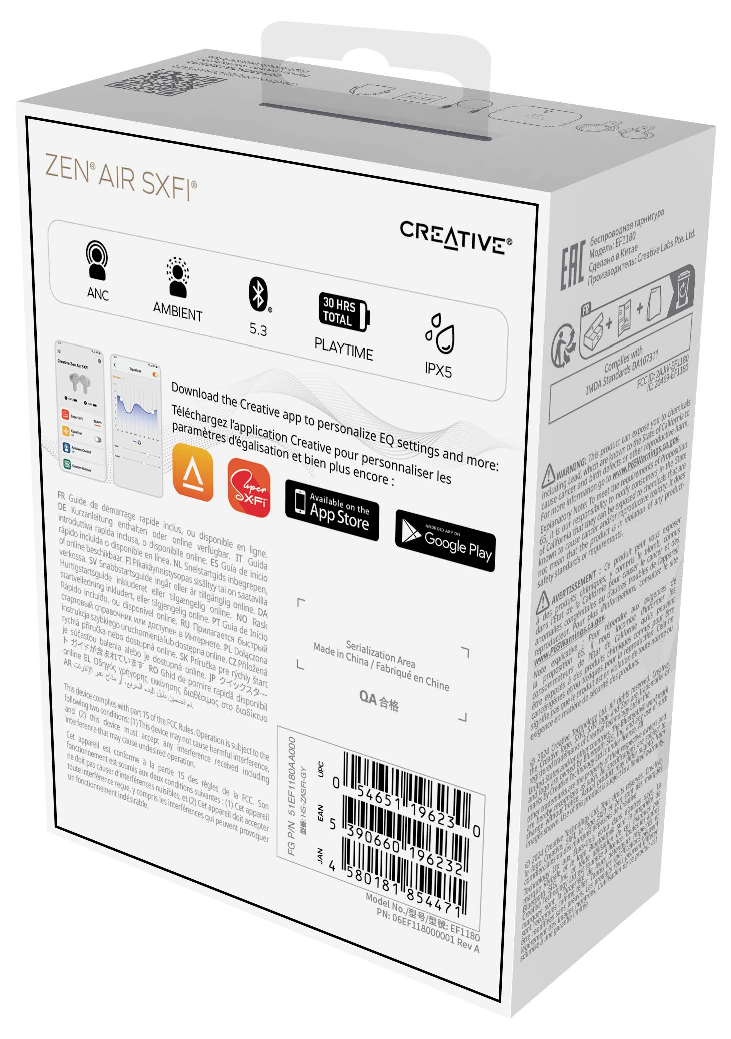 Packaging for the Creative Zen Air SXFI Earbuds. Features include Active Noise Cancellation, 30-hour battery life, and app support.