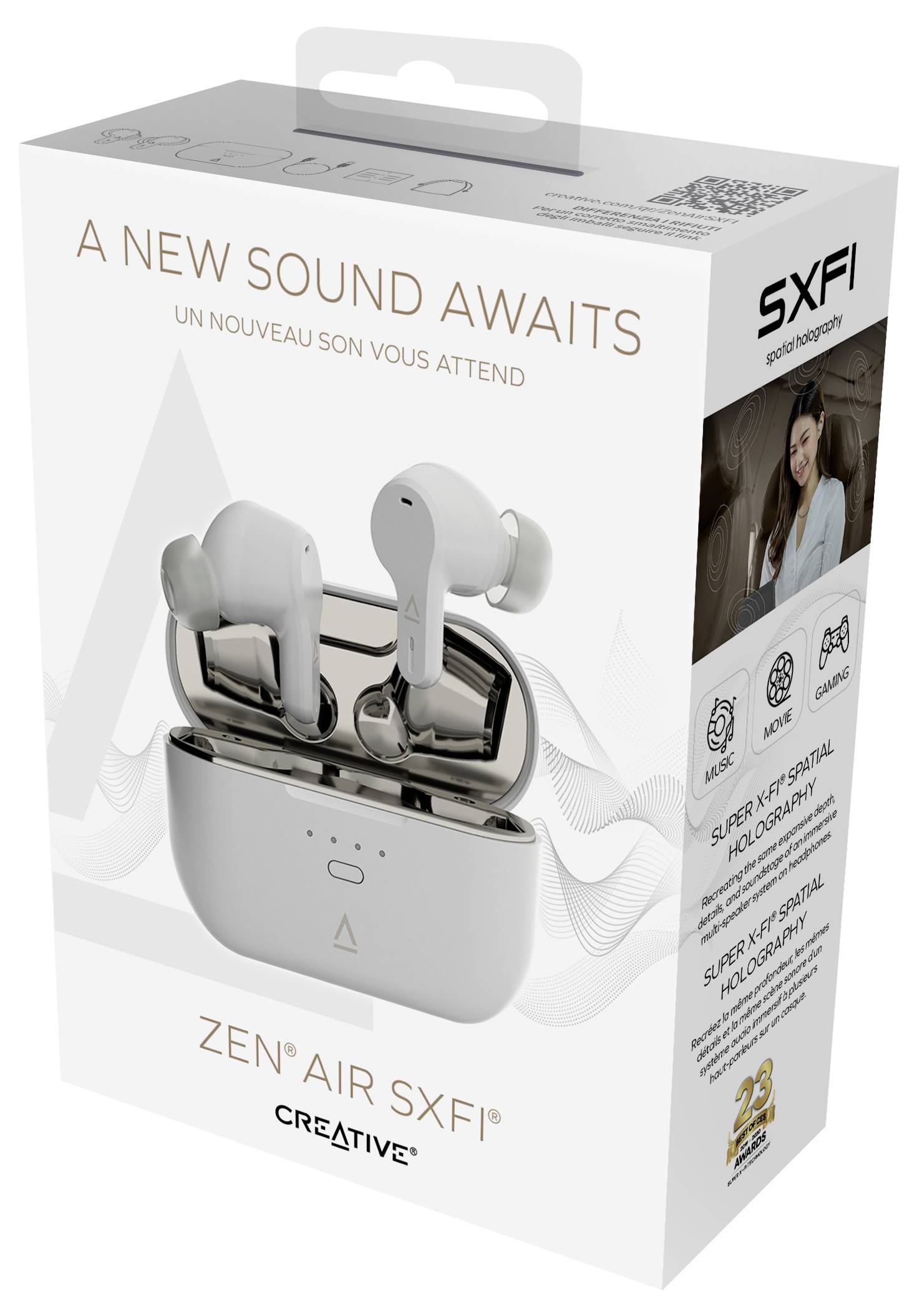 Packaging for wireless earbuds 'Zen Air SXFI' by Creative, with an image of the earbuds, and text 'A New Sound Awaits'.